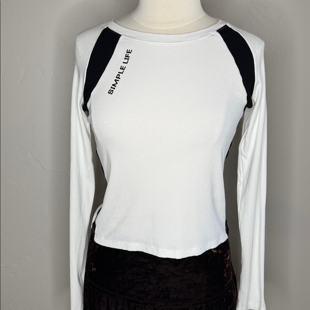 White With Black Accents Simple Life Long Sleeve Top